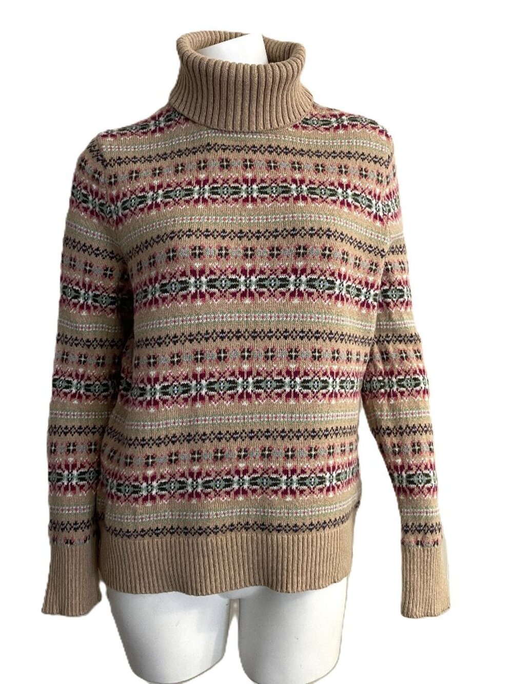Lands End Fair Isle Sweater Sz L 14-16 Cotton Wool Blend Turtleneck Pullover
